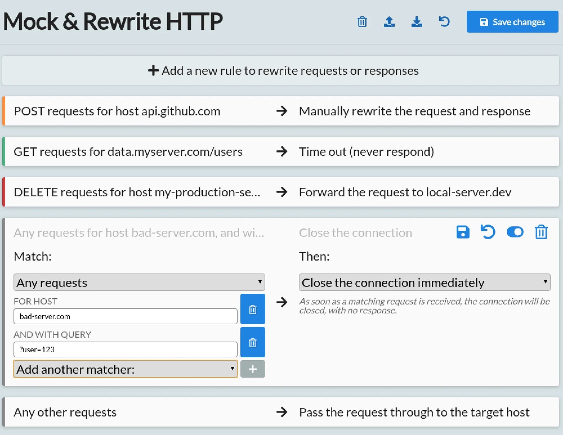 The Modify page, showing various rules