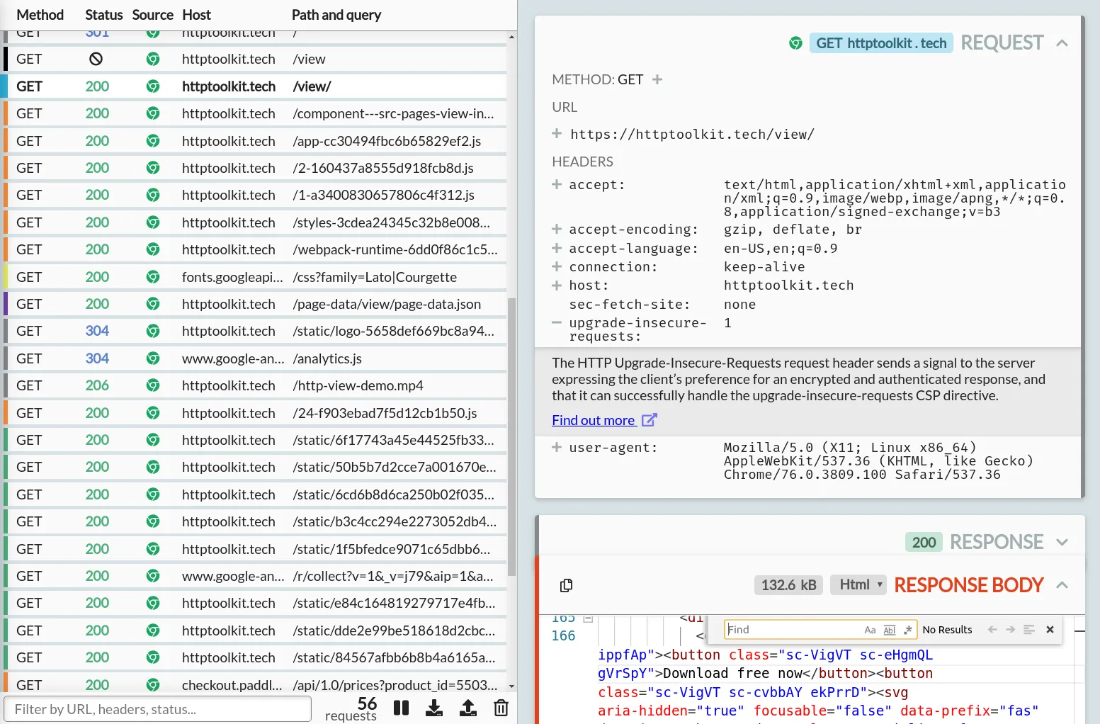 The View page, showing various intercepted requests