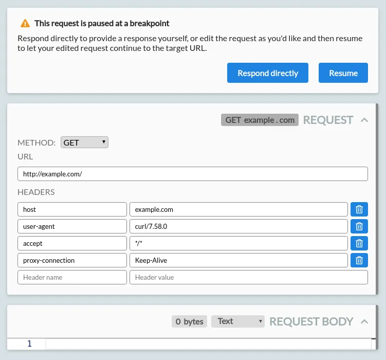 A request to example.com, paused at a breakpoint