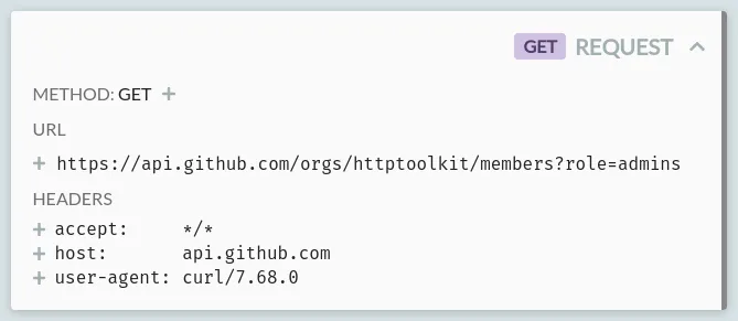 An example request card, showing the raw data for a request to the GitHub API