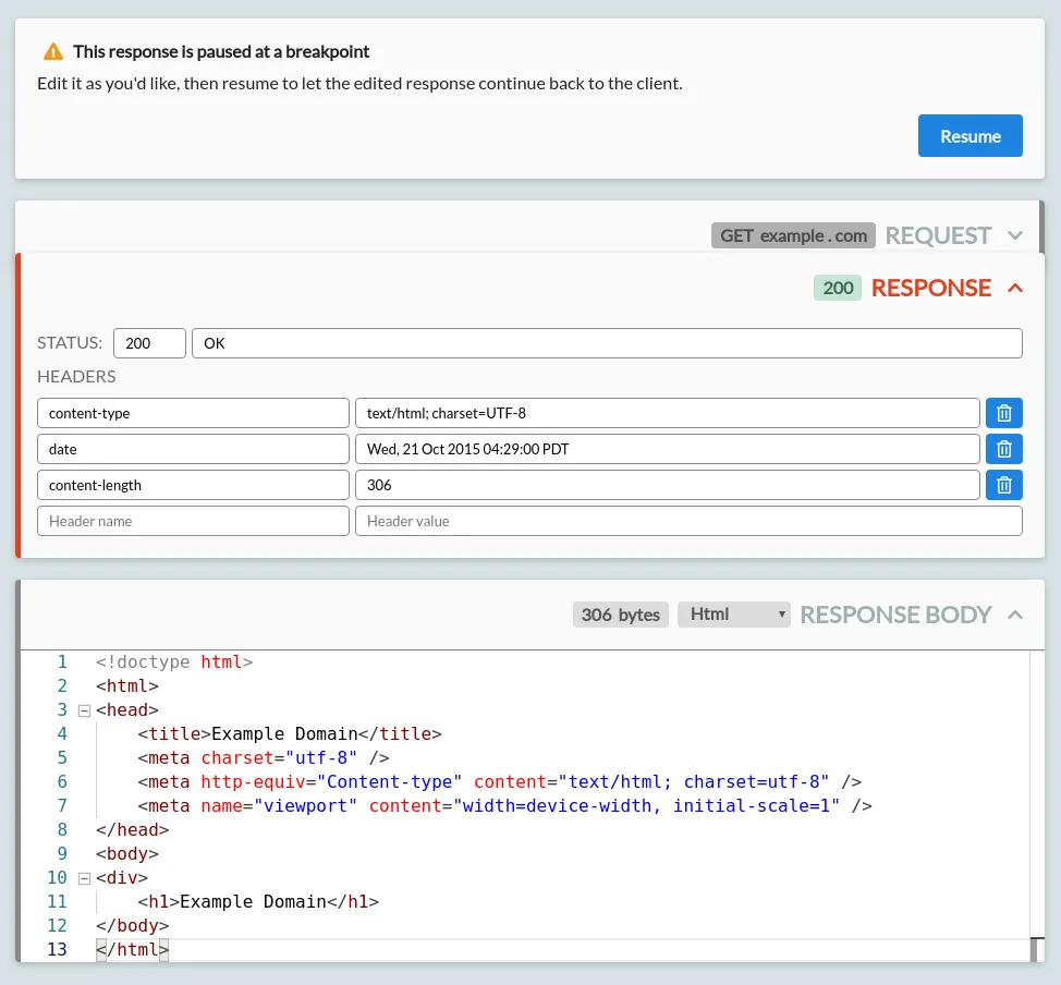 A response from example.com, paused at a breakpoint