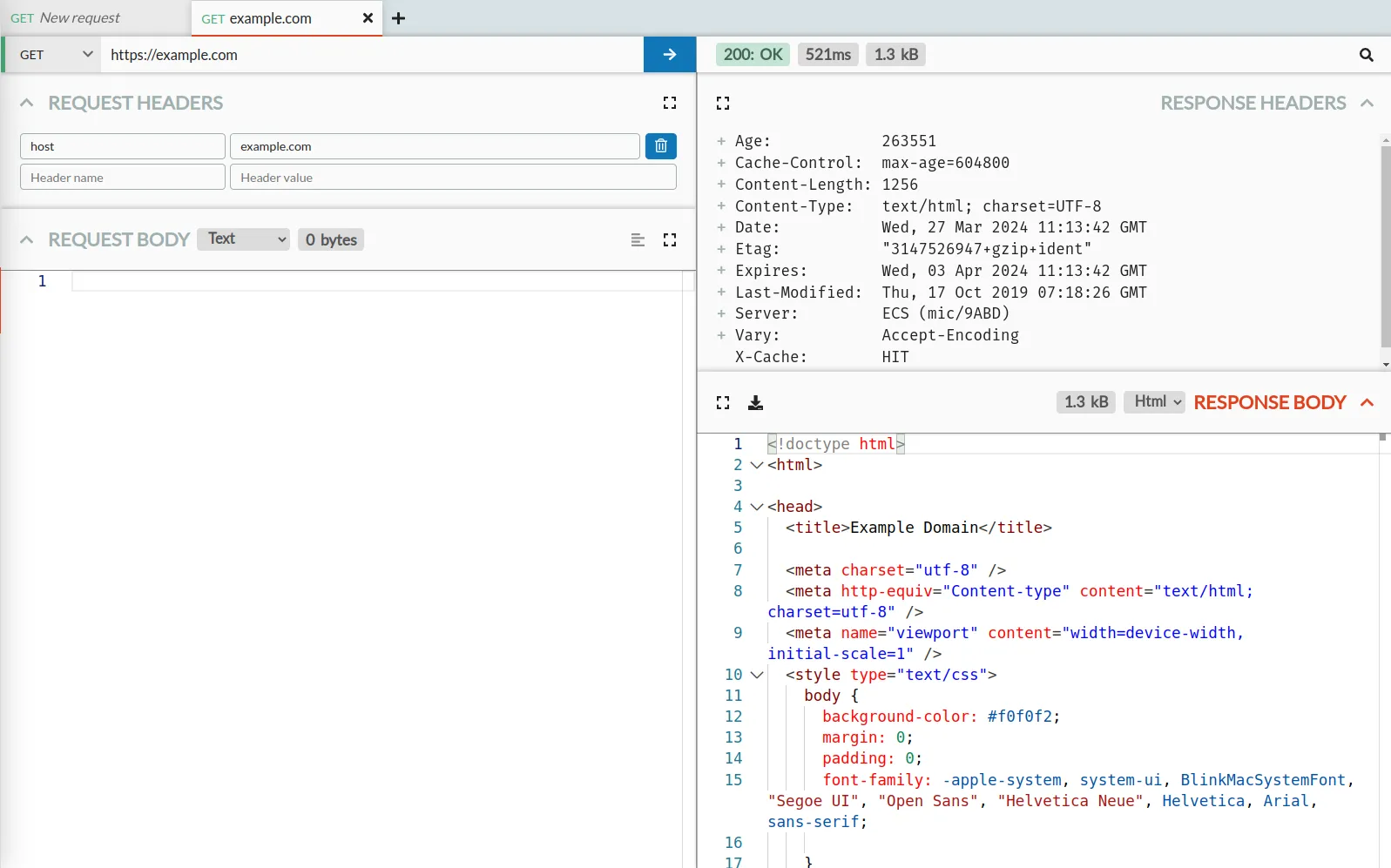 The Send page, showing a request to example.com