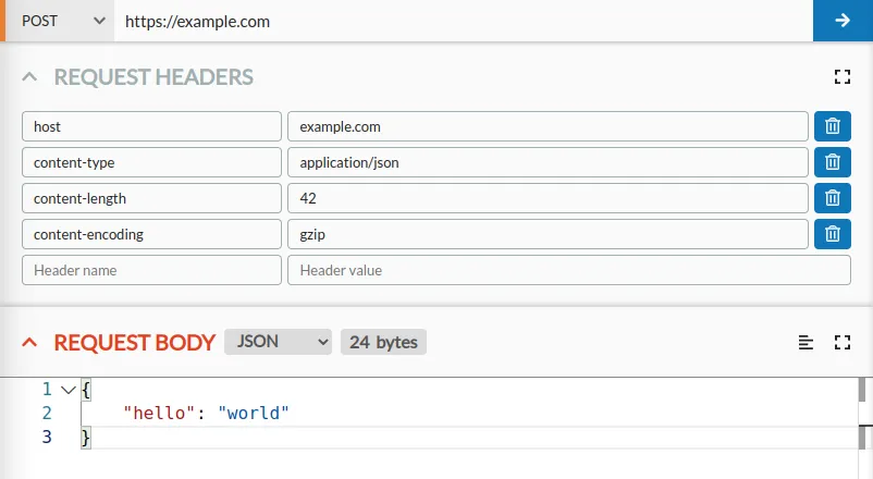 The Send request pane, showing a request to example.com with a gzipped JSON body