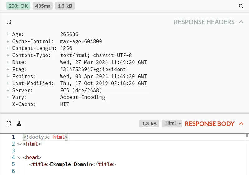 The Send response pane, showing an HTML response from example.com