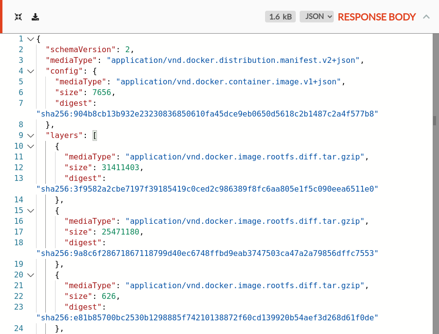 The manifest JSON content, listing hashes for each layer