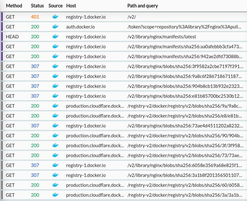 HTTP Toolkit showing the list of requests sent during a Docker pull