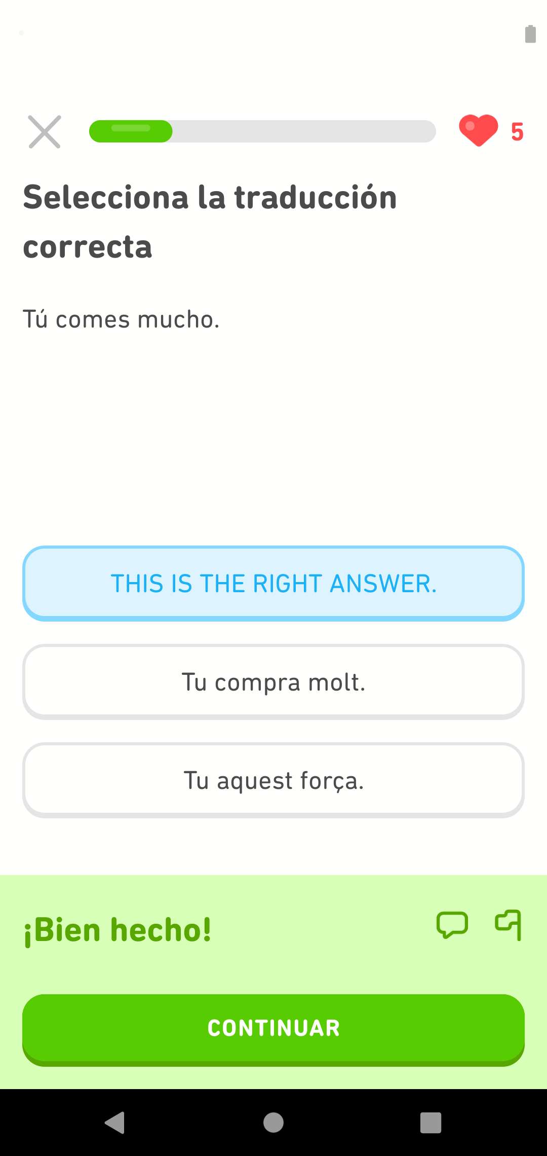 The Duolingo app showing our edited answer