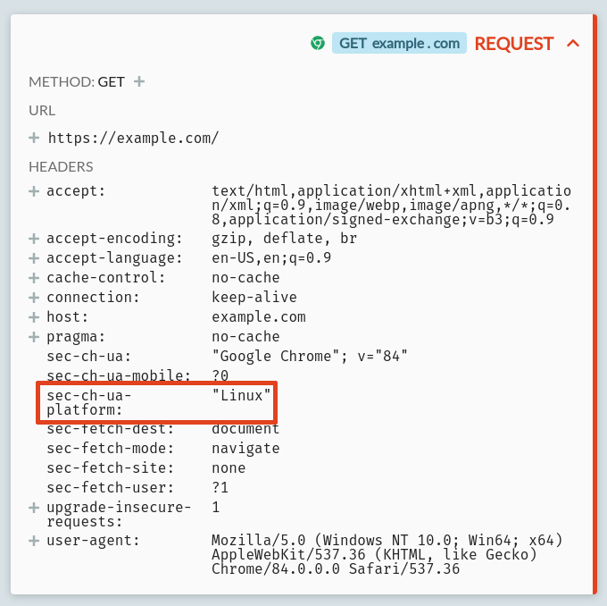 An example.com request including a Sec-CH-UA-Platform client hint