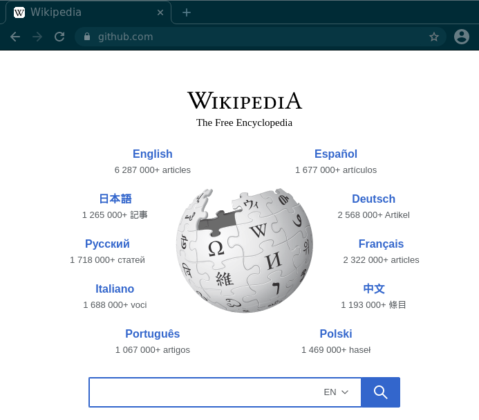 GitHub.com in the URL bar, Wikipedia on the page