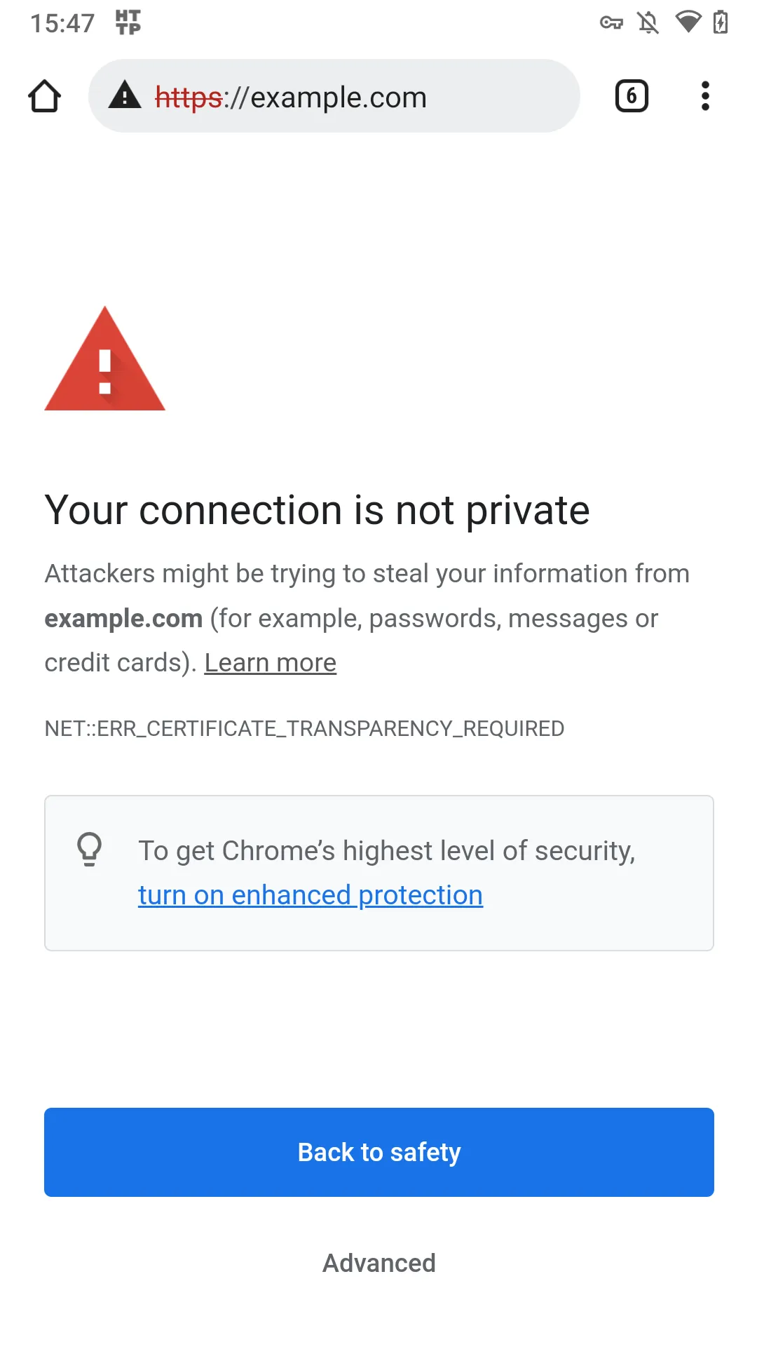 Chrome showing a certificate transparency error for example.com