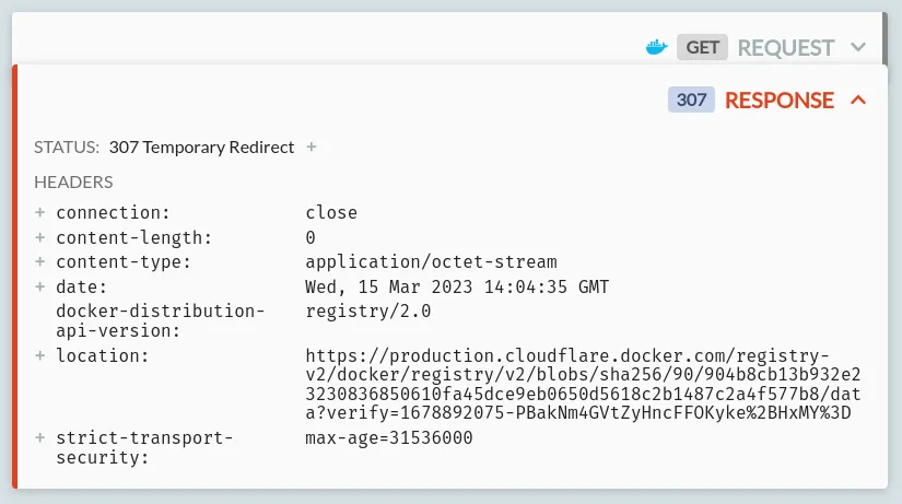 A 307 redirect response, with a Location header pointing to production.cloudflare.docker.com