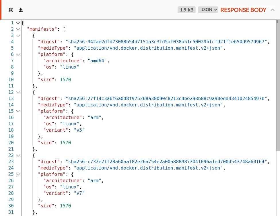 The manifest JSON content, listing hashes for each platform