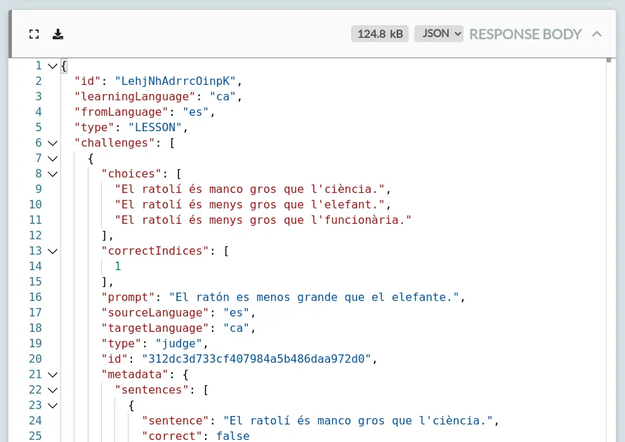 Duolingo response body, showing the lesson questions