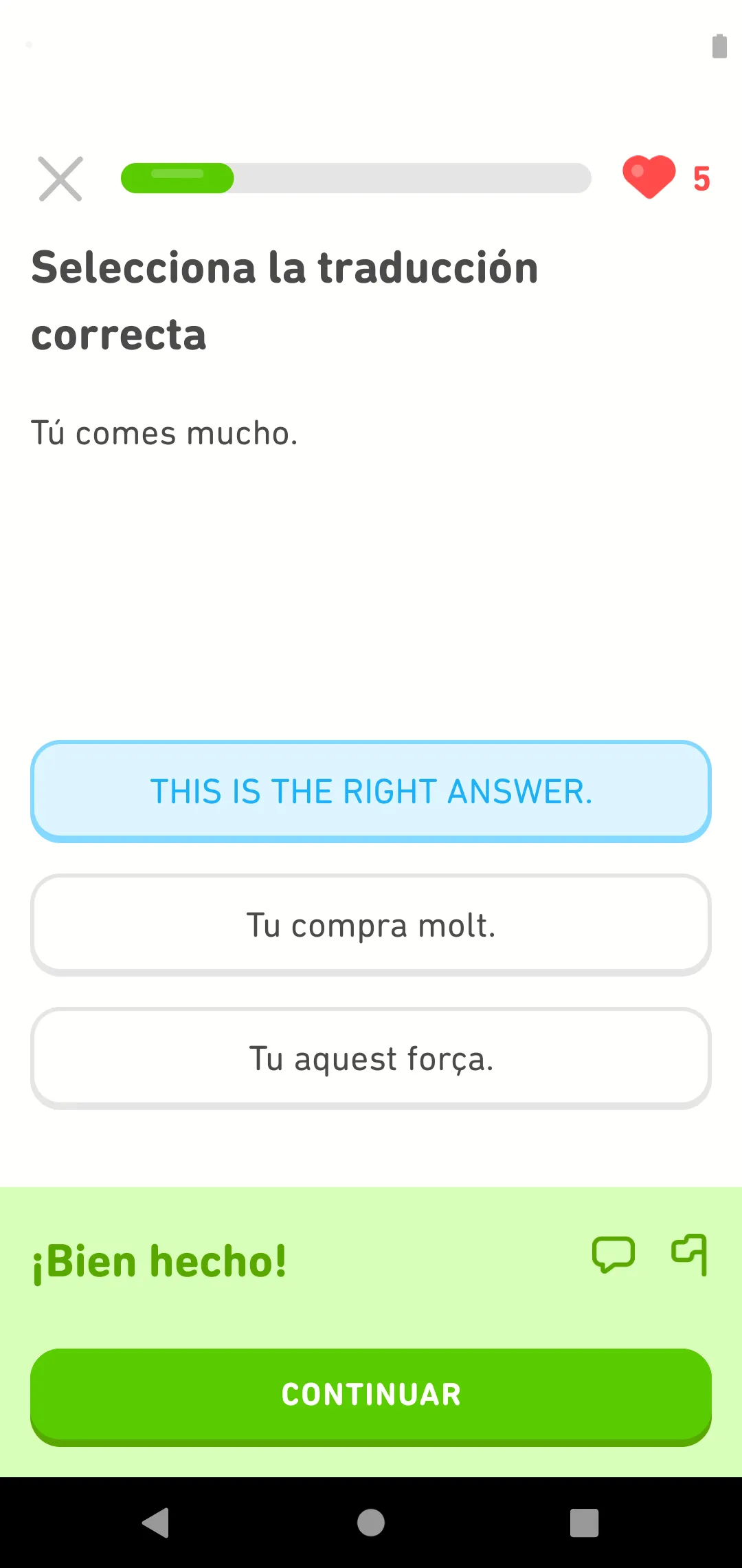 The Duolingo app showing our edited answer