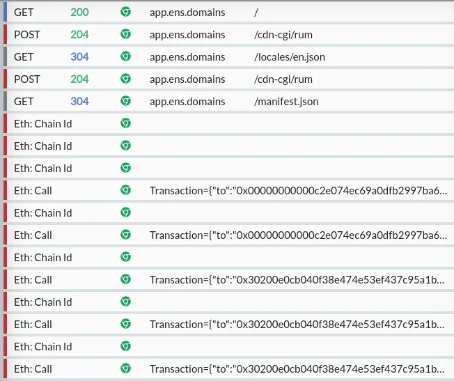 The Ethereum queries made by ENS when you load it initially