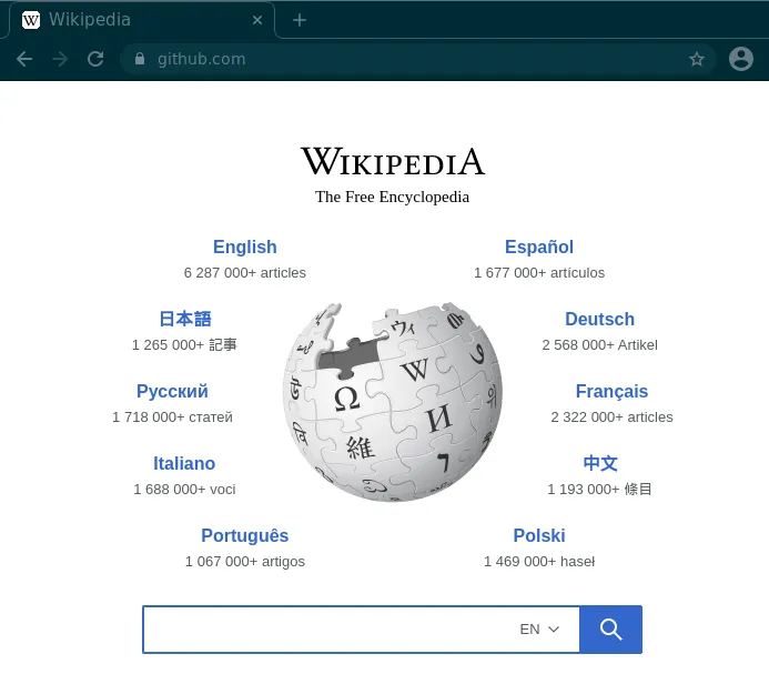 GitHub.com in the URL bar, Wikipedia on the page