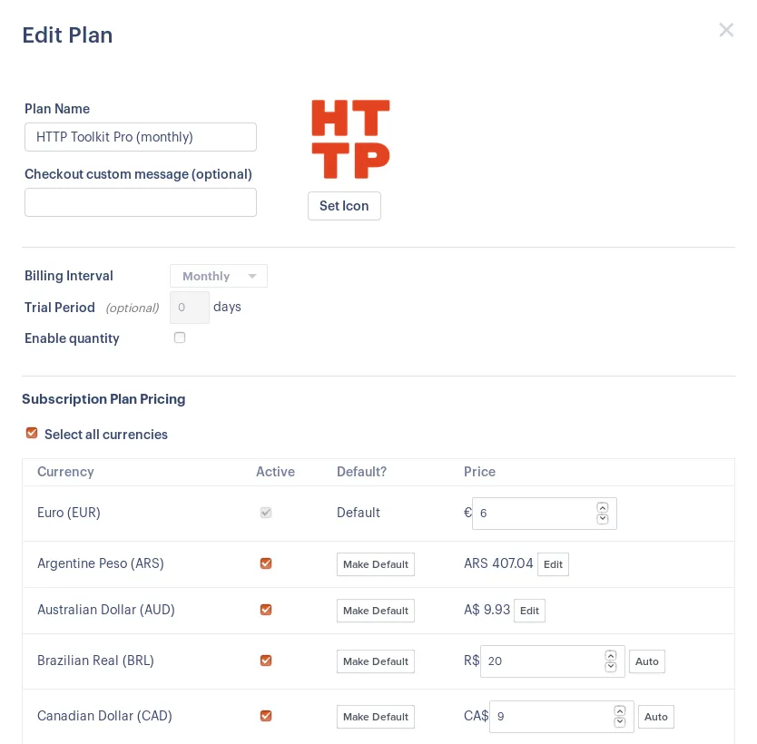 Paddle's per-currency pricing UI