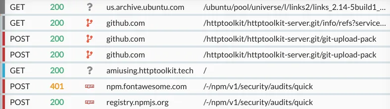 A series of requests from an intercepted terminal