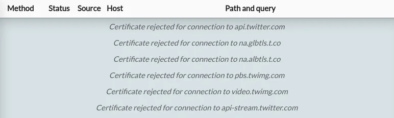 HTTP Toolkit showing lots of certificate rejection messages