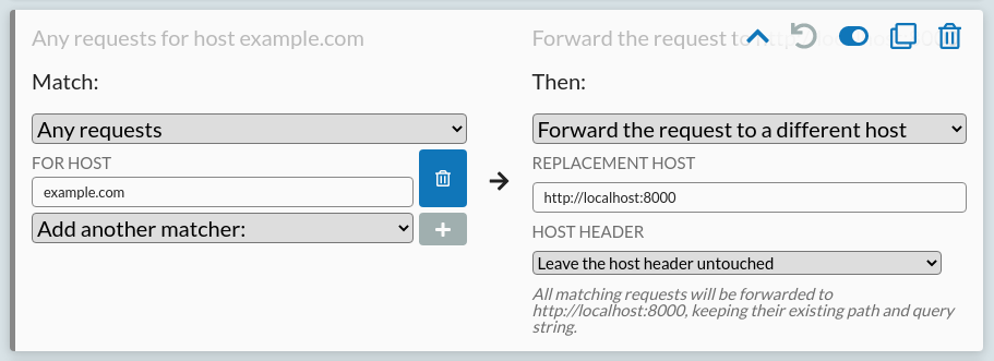 An HTTP Toolkit rule forwarding traffic to a local proxy