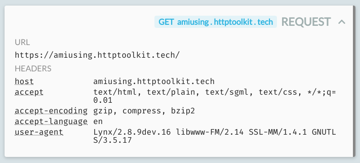 The HTTP Toolkit view of intercepted Lynx traffic