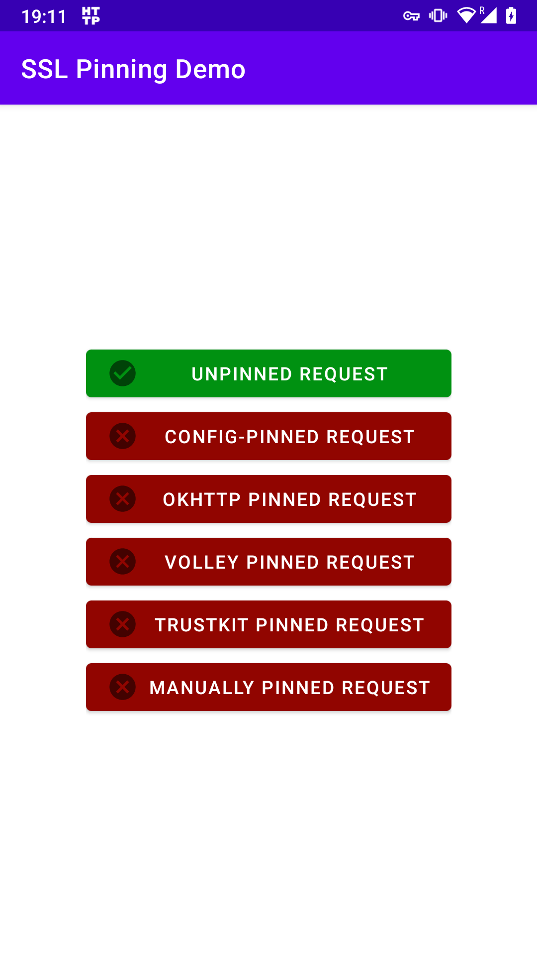 A screenshot of the certificate pinning demo app