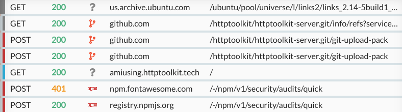 A series of requests from an intercepted terminal