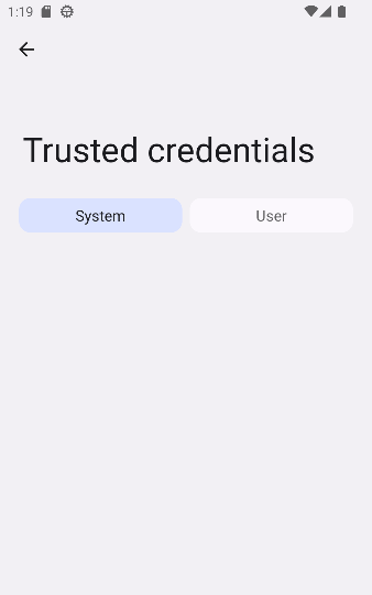 An Android device showing an empty 'Trusted Credentials' list