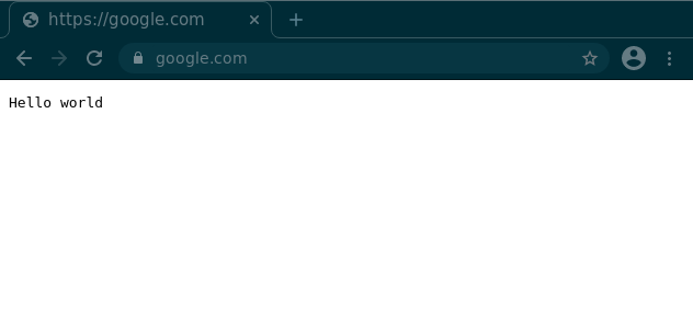 Chrome, showing a HTTPS google URL sending a Hello World response
