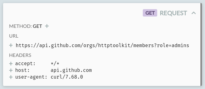 An example request card, showing the raw data for a request to the GitHub API
