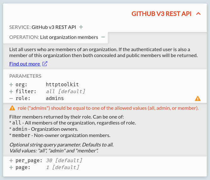 An example API card, showing metadata for a request to the GitHub API